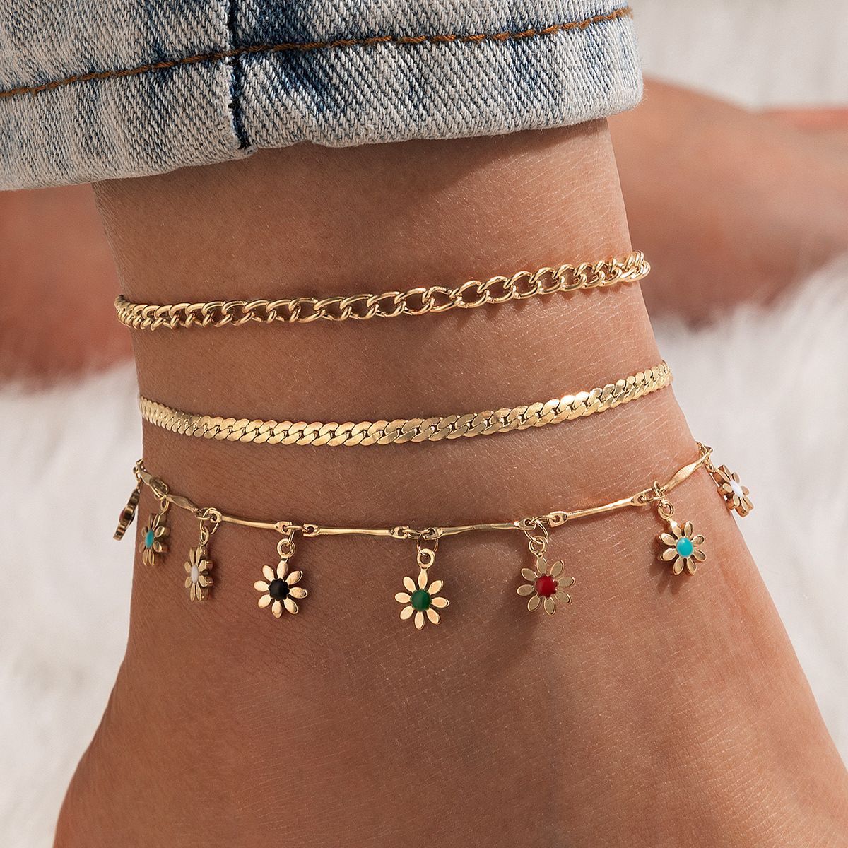 3Pcs New Colorful Flower Pendant and Golden Anklet Set