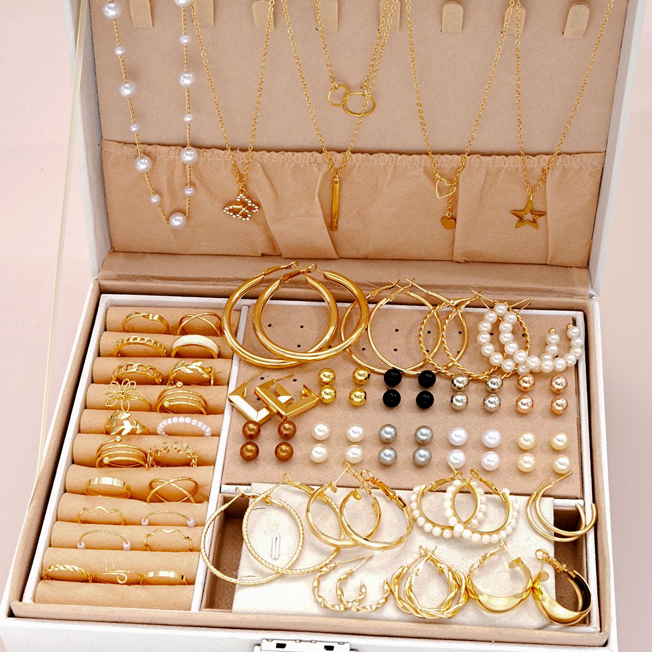 56 Pcs Pearl Butterfly Necklace Ring and Stud Earrings Sets Alloy Jewelry for Women friend gifts party jewellry without box