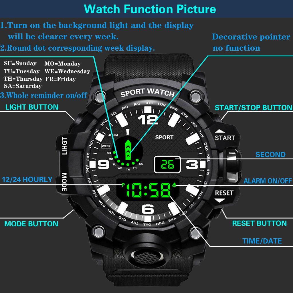 Multi-functional outdoor men's trendy electronic watch  student alarm clock luminescent running sports electronic watch