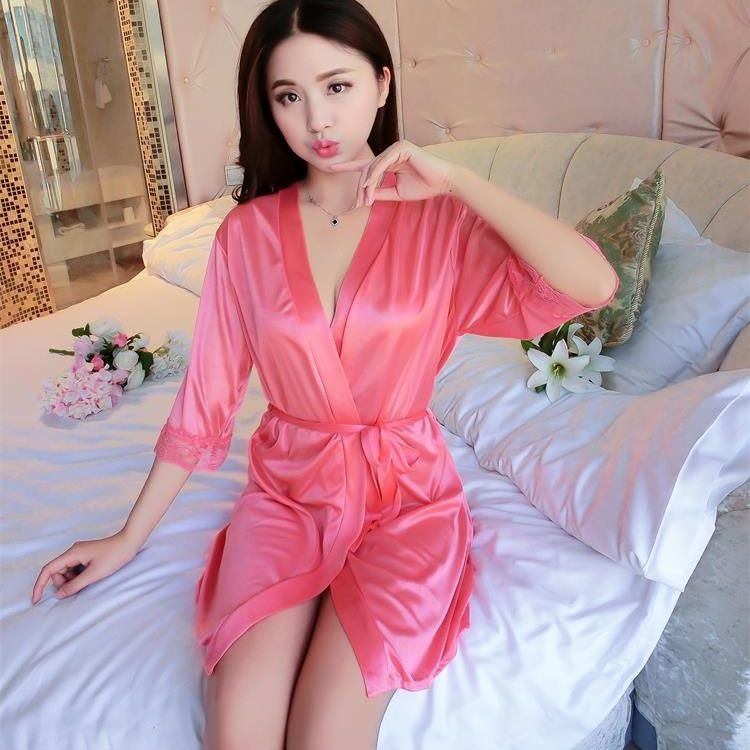 Summer silk-satin sexy pajamas, short sleeves  ice silk one-piece  solid color women Nightgowns Sleeping Night Dress