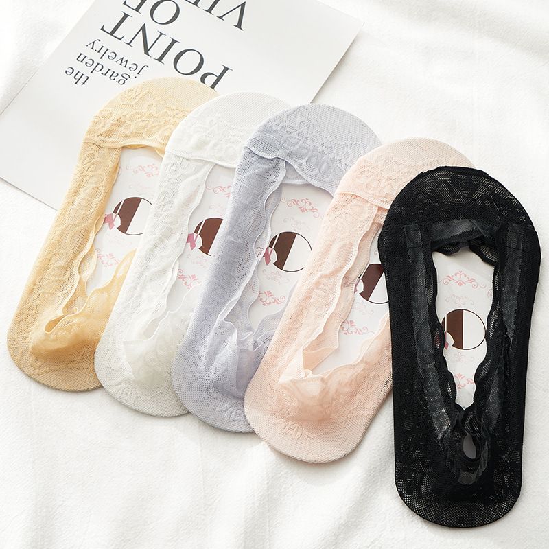 5Pcs Lace cotton solid color thin silicone non-slip breathable no-slip-off women's casual boat socks