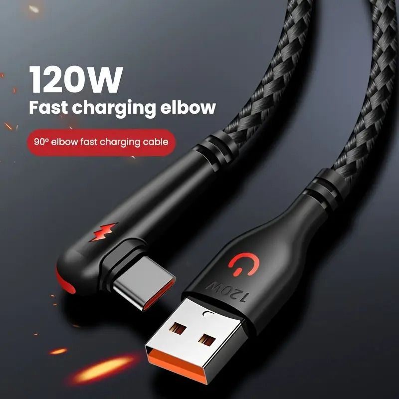 1/1.5M 90-degree angled Type-C 120W 6A super-fast charging data cable suitable for Android phone charging  gaming  and car b charging