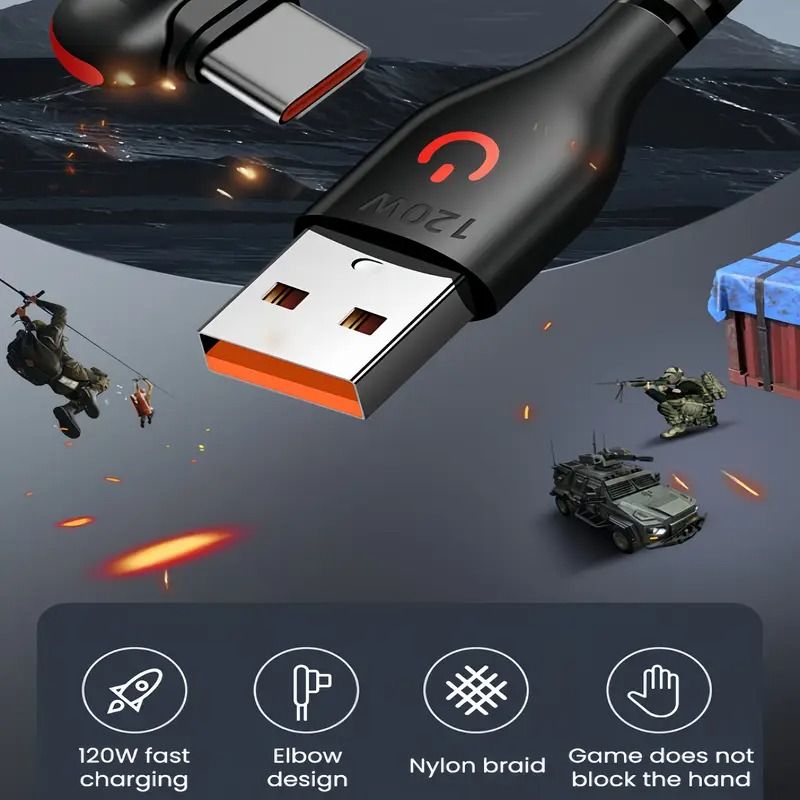 1/1.5M 90-degree angled Type-C 120W 6A super-fast charging data cable suitable for Android phone charging  gaming  and car b charging