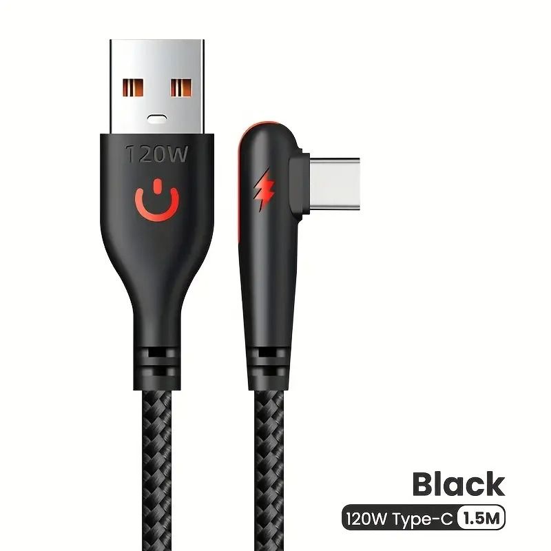 1/1.5M 90-degree angled Type-C 120W 6A super-fast charging data cable suitable for Android phone charging  gaming  and car b charging