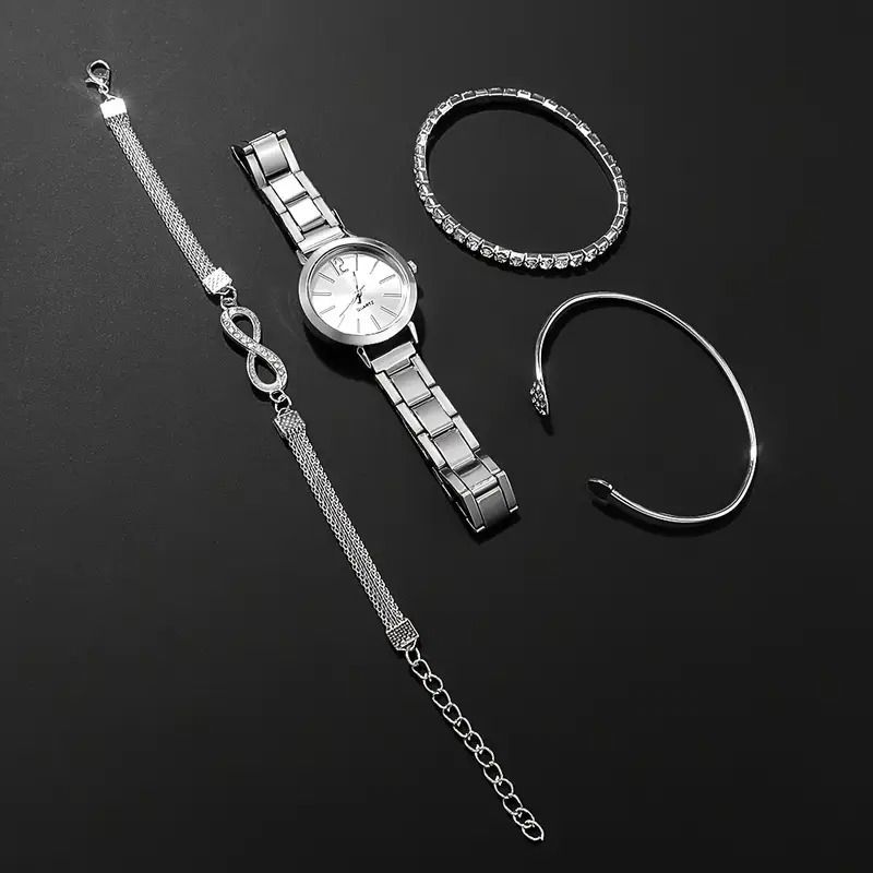 4pcs/set Women's Fashion Quartz Watch with Silver Bracelet Set, The Perfect Gift for Her on Valentine's Day, Easter, Birthday and Christmas Does not include box