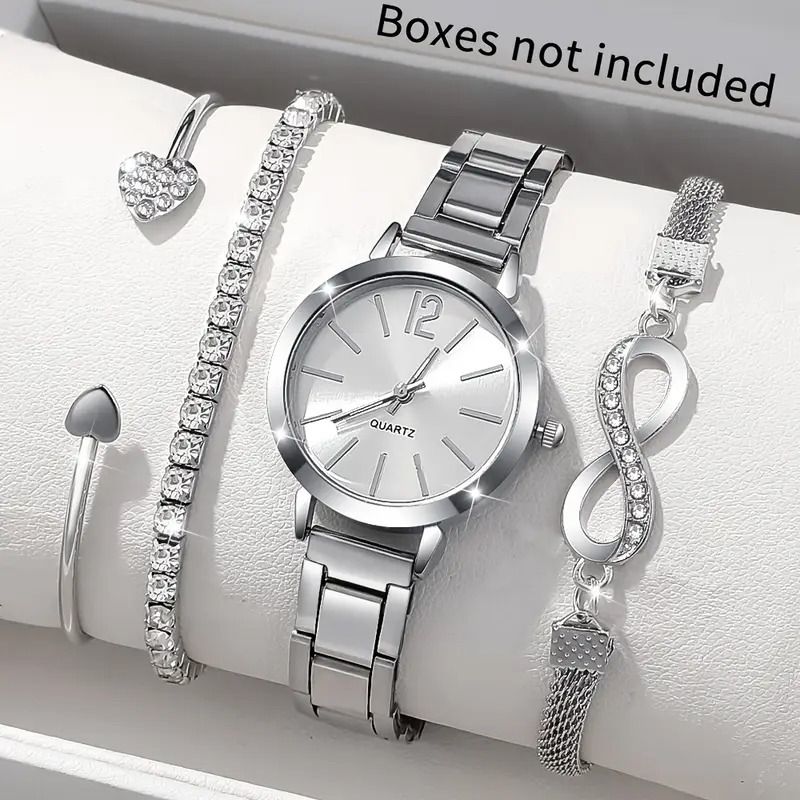 4pcs/set Women's Fashion Quartz Watch with Silver Bracelet Set, The Perfect Gift for Her on Valentine's Day, Easter, Birthday and Christmas Does not include box