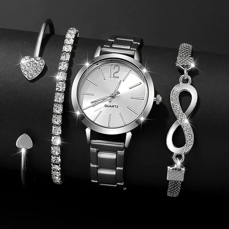 4pcs/set Women's Fashion Quartz Watch with Silver Bracelet Set, The Perfect Gift for Her on Valentine's Day, Easter, Birthday and Christmas Does not include box