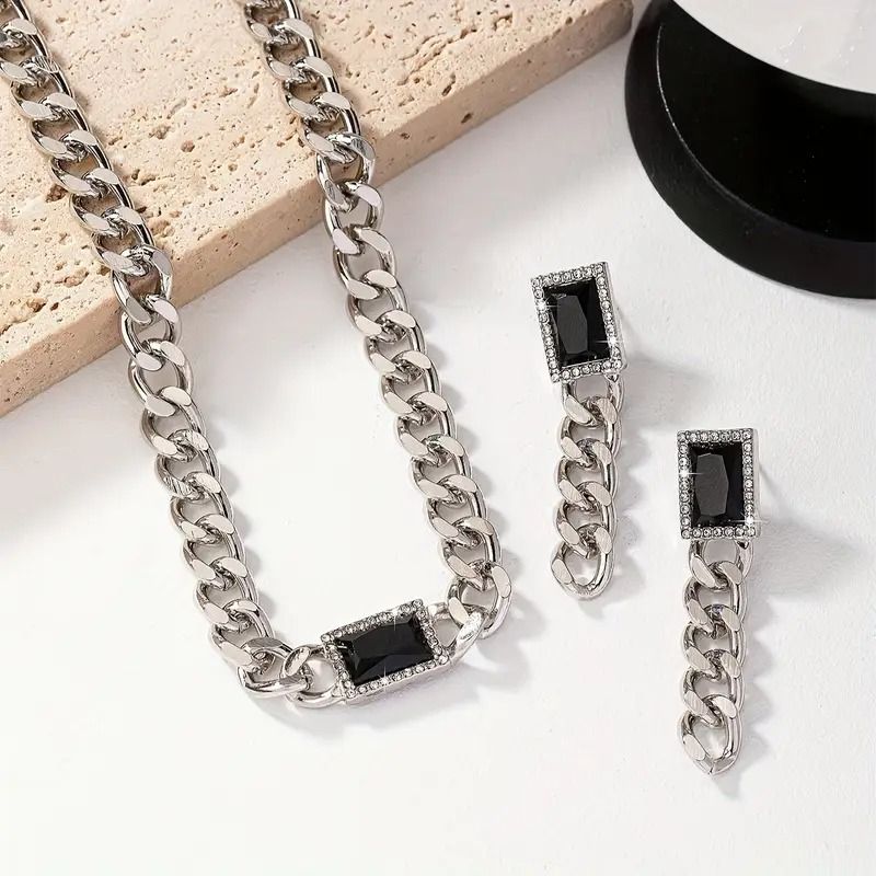 2Pcs Trendy European And American Punk Style Chain Black Gemstone Necklace Tassel Pendant Earrings Women Jewelry Sets