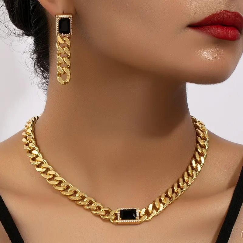 2Pcs Trendy European And American Punk Style Chain Black Gemstone Necklace Tassel Pendant Earrings Women Jewelry Sets