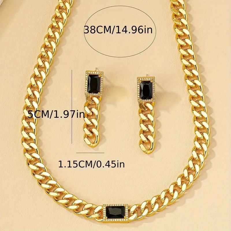 2Pcs Trendy European And American Punk Style Chain Black Gemstone Necklace Tassel Pendant Earrings Women Jewelry Sets