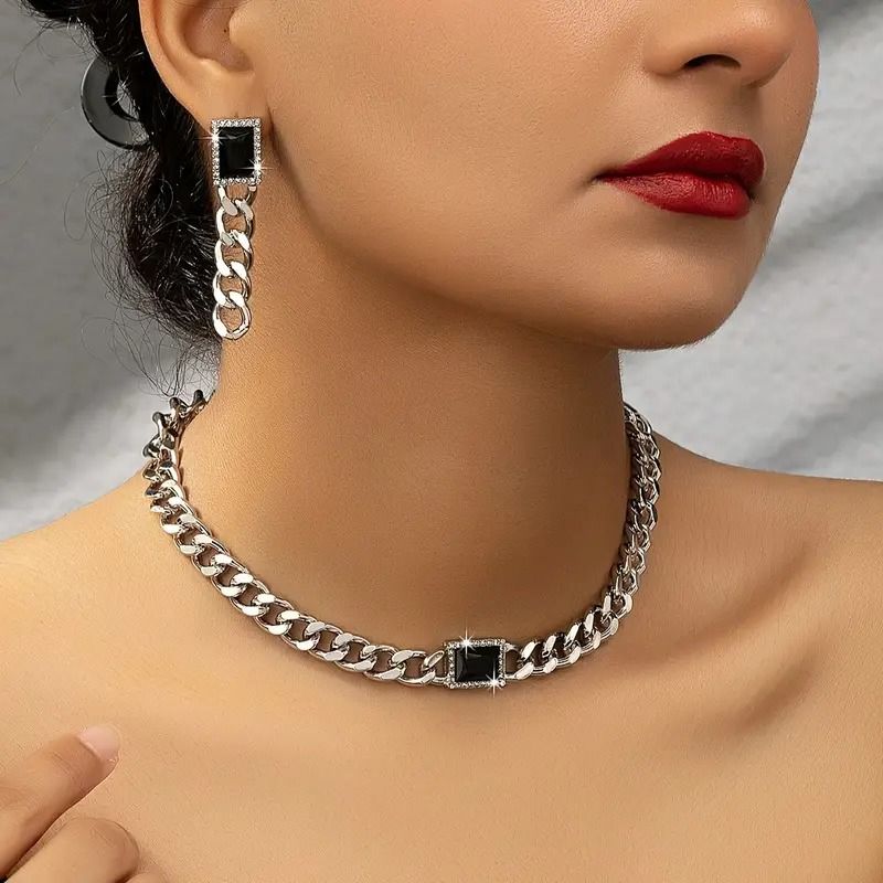 2Pcs Trendy European And American Punk Style Chain Black Gemstone Necklace Tassel Pendant Earrings Women Jewelry Sets