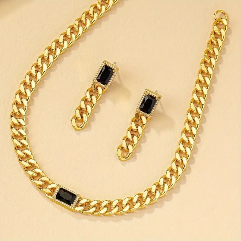 2Pcs Trendy European And American Punk Style Chain Black Gemstone Necklace Tassel Pendant Earrings Women Jewelry Sets