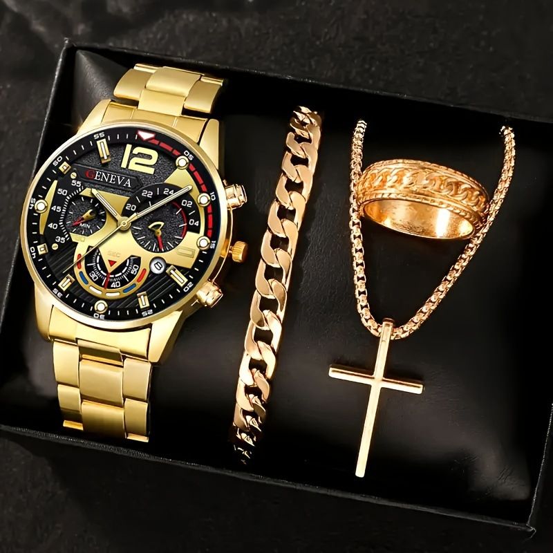 4Pcs Luxury Stainless Steel Quartz Watch with Calendar Gold Cross Necklace Bracelet and Ring Men's Set