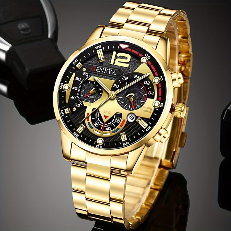 4Pcs Luxury Stainless Steel Quartz Watch with Calendar Gold Cross Necklace Bracelet and Ring Men's Set