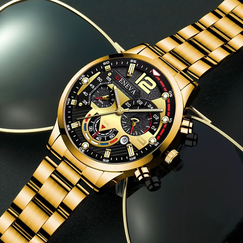 4Pcs Luxury Stainless Steel Quartz Watch with Calendar Gold Cross Necklace Bracelet and Ring Men's Set