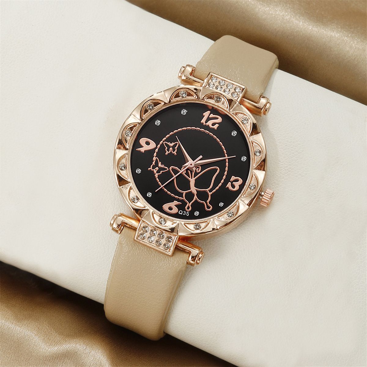 5Pcs Casual Versatile Round Dial Belt Watch Pearl Butterfly Jewelry Set Women Fashion Wrist Watches