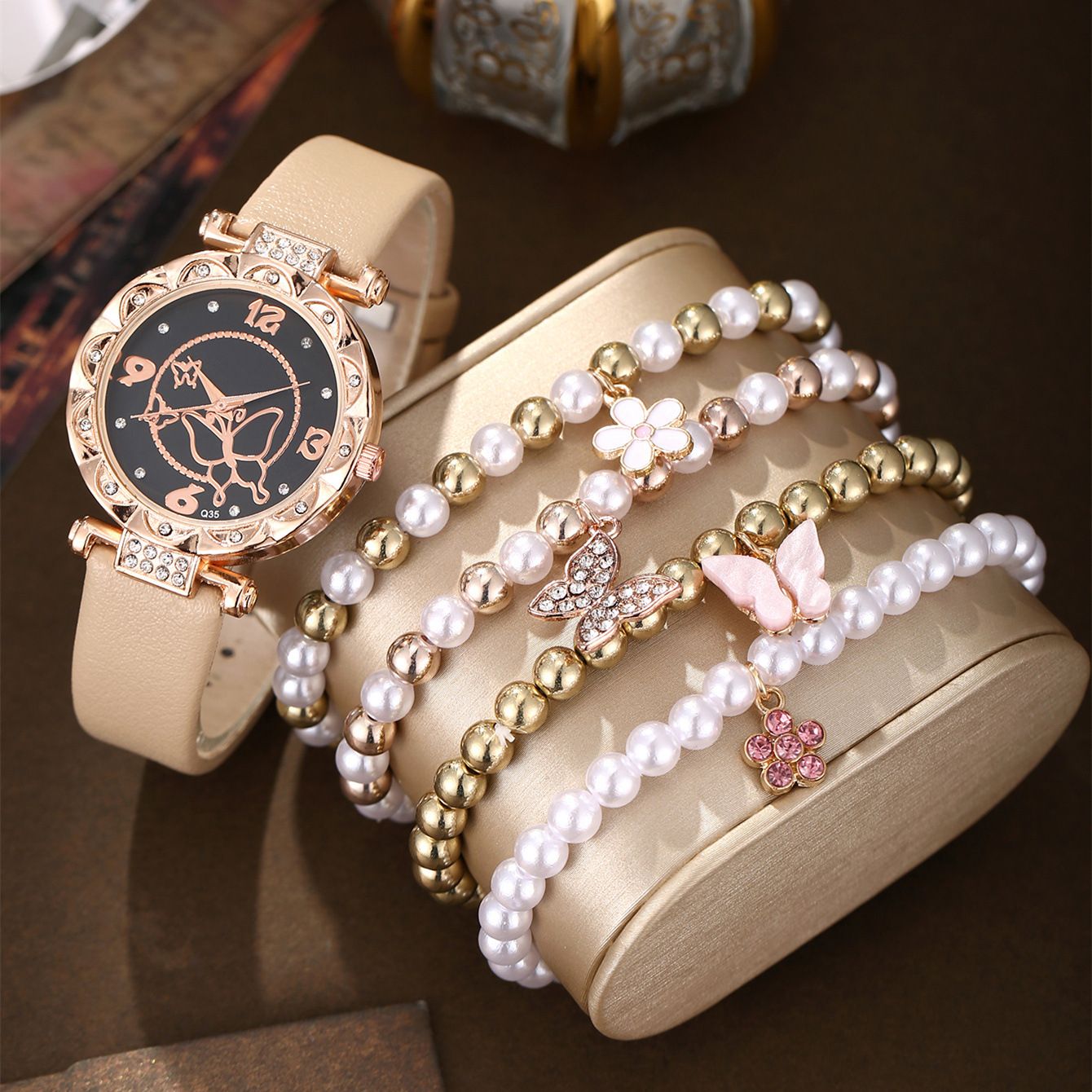5Pcs Casual Versatile Round Dial Belt Watch Pearl Butterfly Jewelry Set Women Fashion Wrist Watches