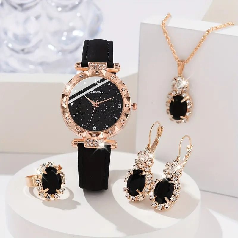 5Pcs Fashion Diamond Star Watch Temperament Frosted Belt Women Wrist Watches  Set