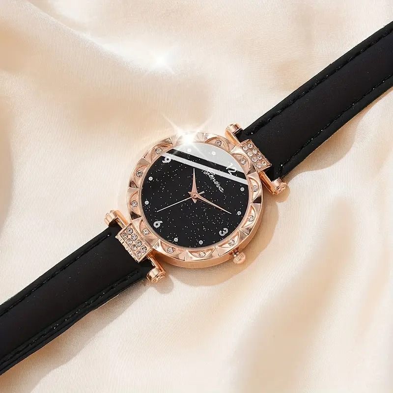 5Pcs Fashion Diamond Star Watch Temperament Frosted Belt Women Wrist Watches  Set