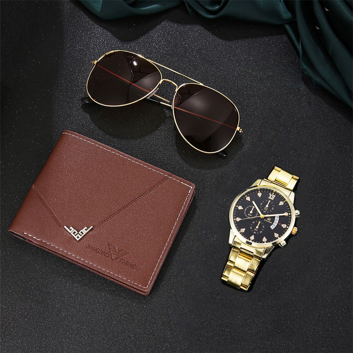 3Pcs New diamond-encrusted fake Three-eye calendar business steel sunglasses wallet Men  Quartz Watches gift box set