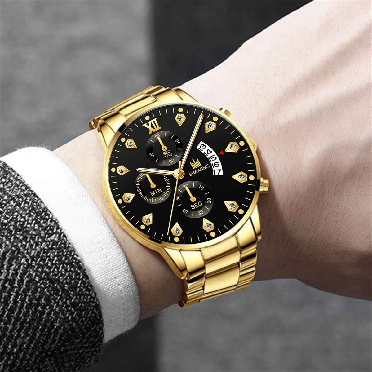 3Pcs New diamond-encrusted fake Three-eye calendar business steel sunglasses wallet Men  Quartz Watches gift box set