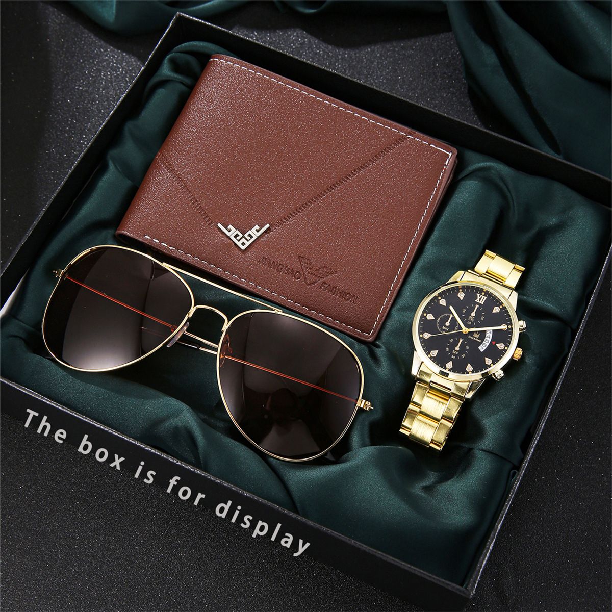 3Pcs New diamond-encrusted fake Three-eye calendar business steel sunglasses wallet Men  Quartz Watches gift box set