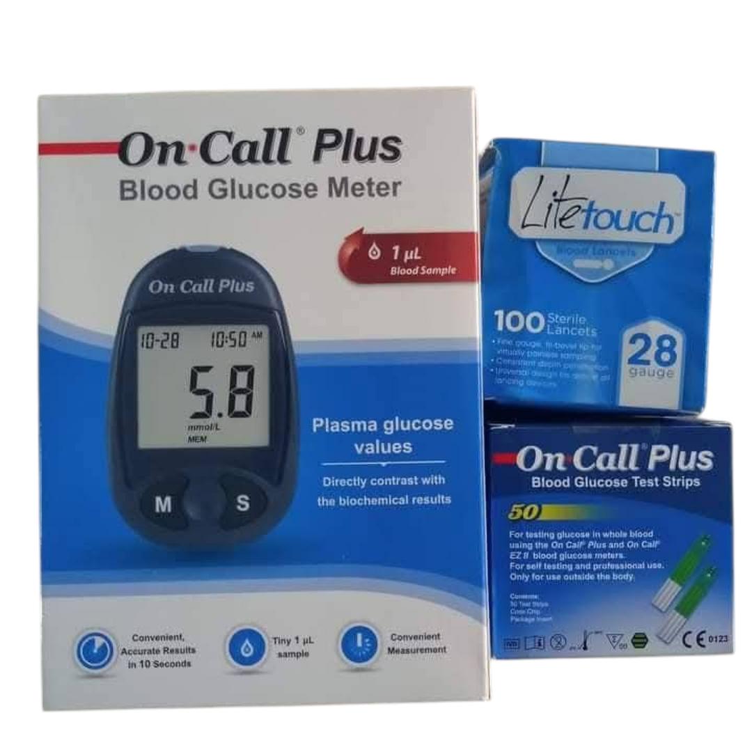 COMPLETE ONCALL PLUS GLUCOMETER MACHINE (MACHINE+50 ONCALL STRIPS+50 BLOOD LANCET'S)