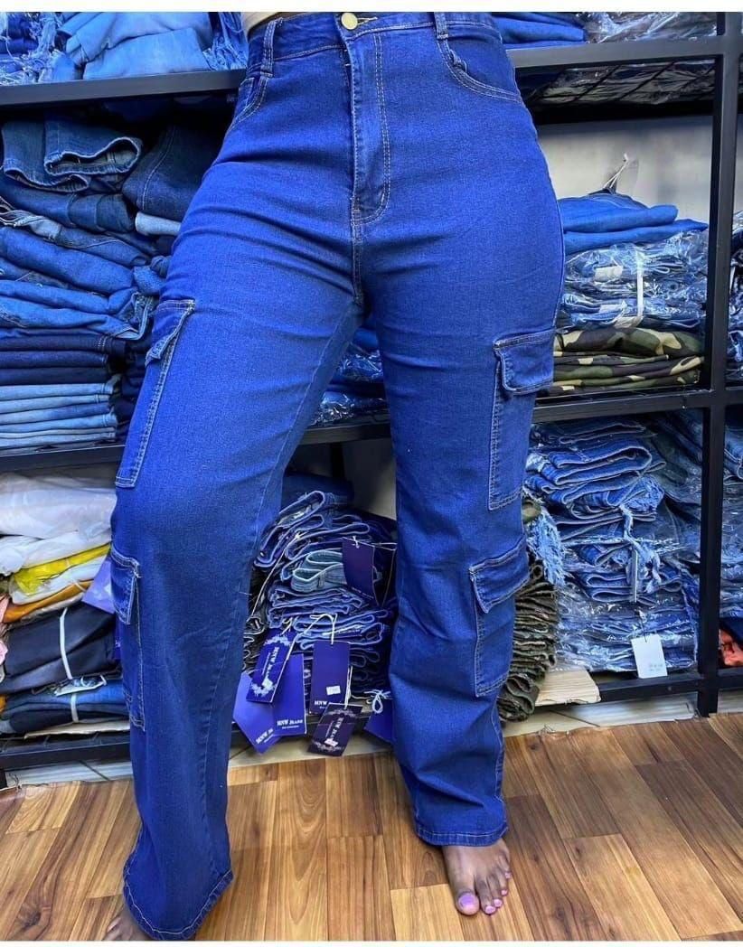 Timeless Stylish High quality Women Hard Jeans / denim cargo pants Wide Leg Casual Pants with multiple Pockets, High Waisted Cargo Pants,