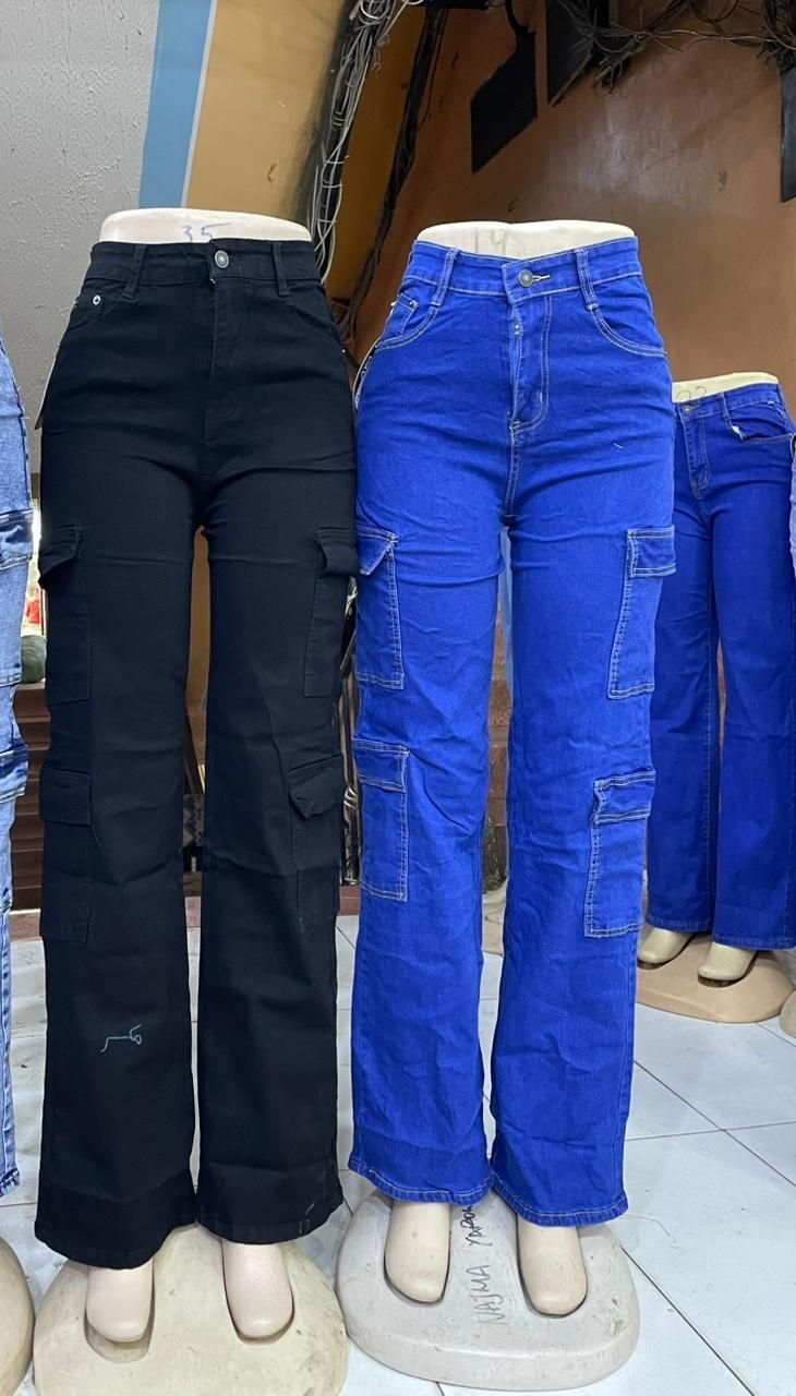 Timeless Stylish High quality Women Hard Jeans / denim cargo pants Wide Leg Casual Pants with multiple Pockets, High Waisted Cargo Pants,