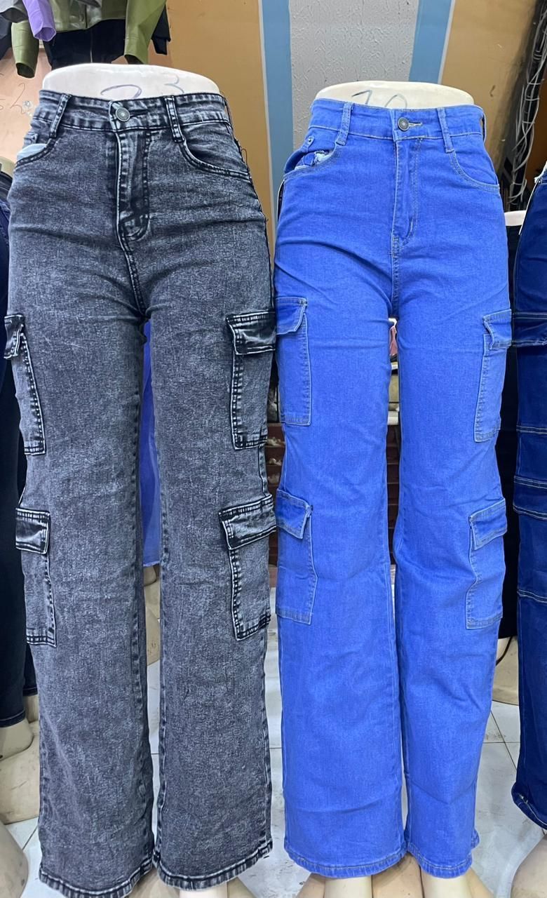 Timeless Stylish High quality Women Hard Jeans / denim cargo pants Wide Leg Casual Pants with multiple Pockets, High Waisted Cargo Pants,
