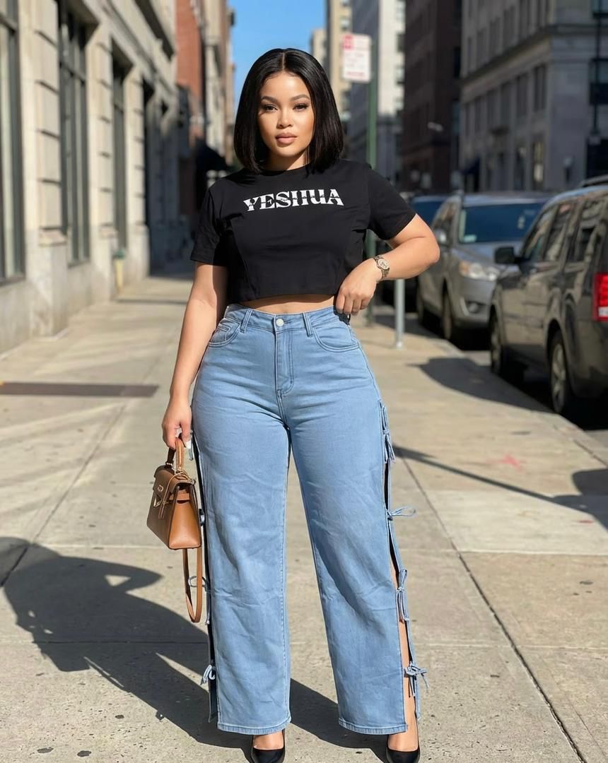 Timeless Stylish High quality Women Hard Jeans / denim cargo pants Wide Leg Casual Pants with multiple Pockets, High Waisted Cargo Pants,