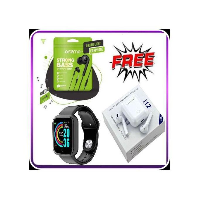 Oraimo Heavy Strong Bass Wired Earphone + Free SmartWatch & Earbuds I12