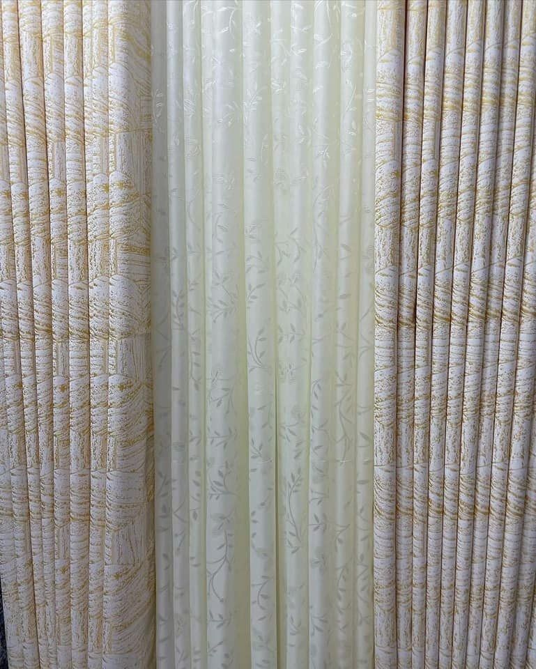 2PCS Cream Gold Pattern Blackout Curtain Set with Sheer – Window & Door Curtains, Elegant Home Décor, Curtain Rod Ready