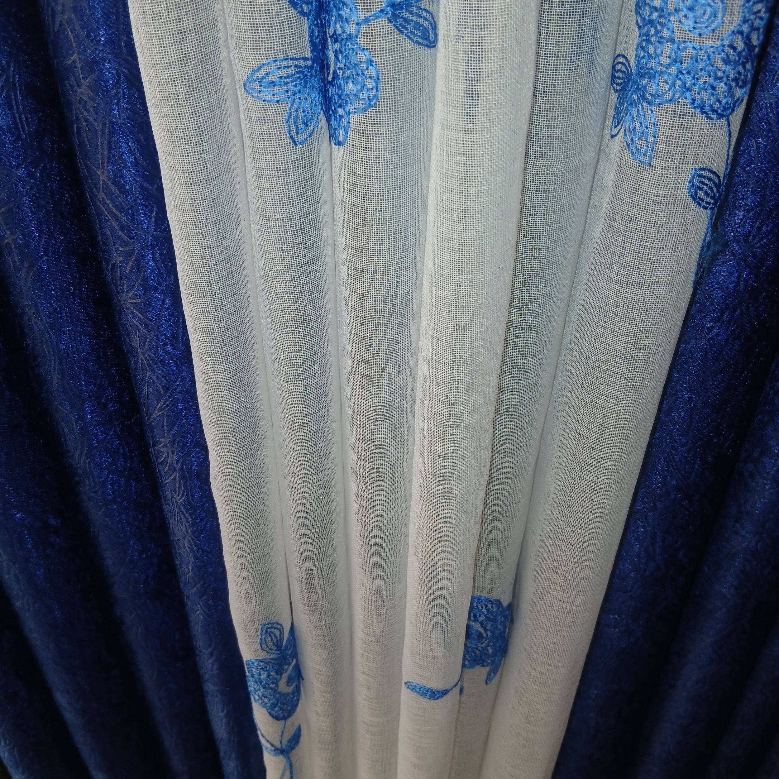2pcs Navy Blue Curtains With 1Pc White Embroidered Sheer For Window (Both Curtains and Sheer Have Eyelet Header.)
