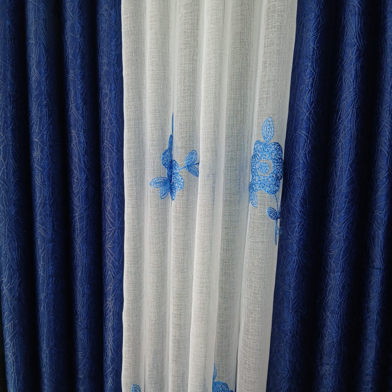 2pcs Navy Blue Curtains With 1Pc White Embroidered Sheer For Window (Both Curtains and Sheer Have Eyelet Header.)