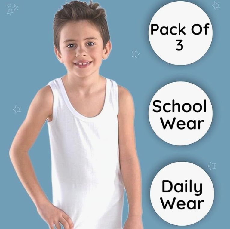 Kids Boys Underwear Vests 100% Soft Cotton Tank Tops Kids Sleeveless White Vest (3 in 1)