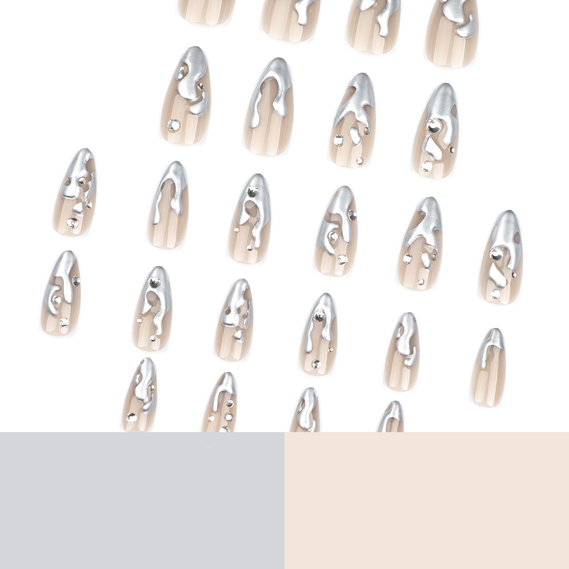 24Pcs/Set Silver Magma 3D Reusable False Nail Stickers Set Full Cover Nail Designs with Fake Diamonds Press for Womens view 4