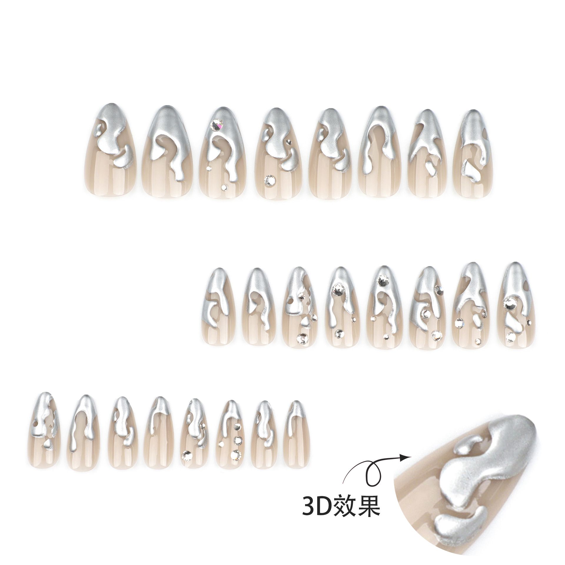 24Pcs/Set Silver Magma 3D Reusable False Nail Stickers Set Full Cover Nail Designs with Fake Diamonds Press for Womens view 3