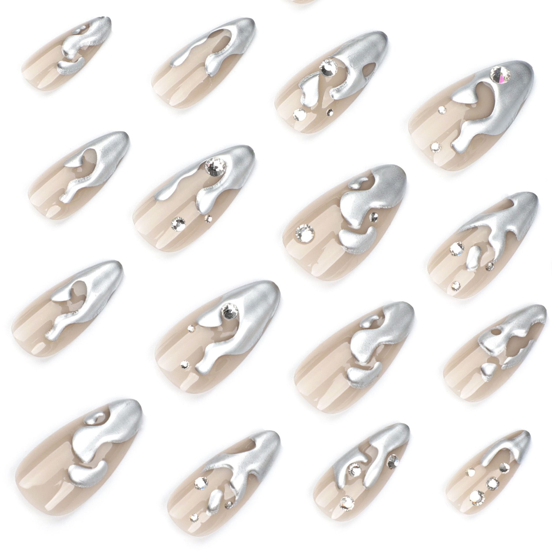 24Pcs/Set Silver Magma 3D Reusable False Nail Stickers Set Full Cover Nail Designs with Fake Diamonds Press for Womens view 5