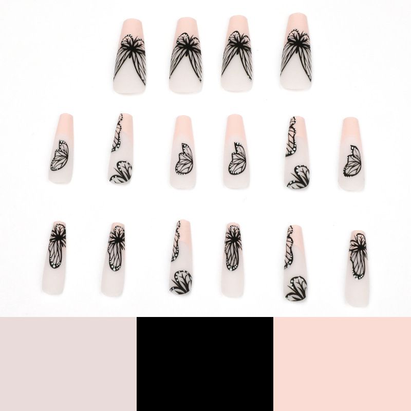 24Pcs/Set Wearable False Nail Stickers Set Naked Black Butterfly Full Cover Nail Designs with Fake Diamonds Press for Womens