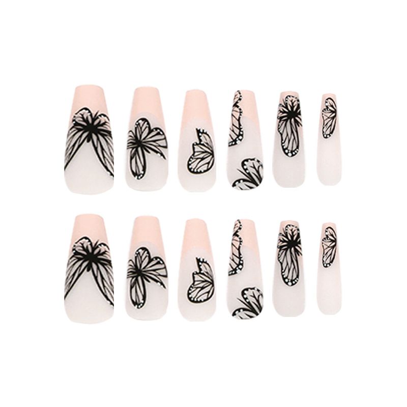24Pcs/Set Wearable False Nail Stickers Set Naked Black Butterfly Full Cover Nail Designs with Fake Diamonds Press for Womens
