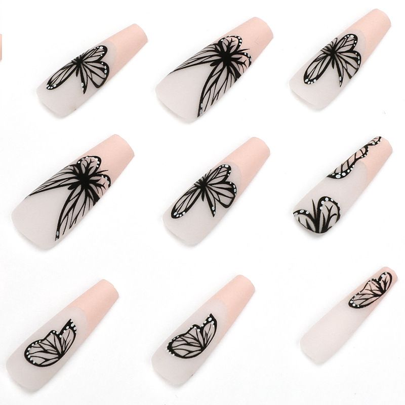 24Pcs/Set Wearable False Nail Stickers Set Naked Black Butterfly Full Cover Nail Designs with Fake Diamonds Press for Womens
