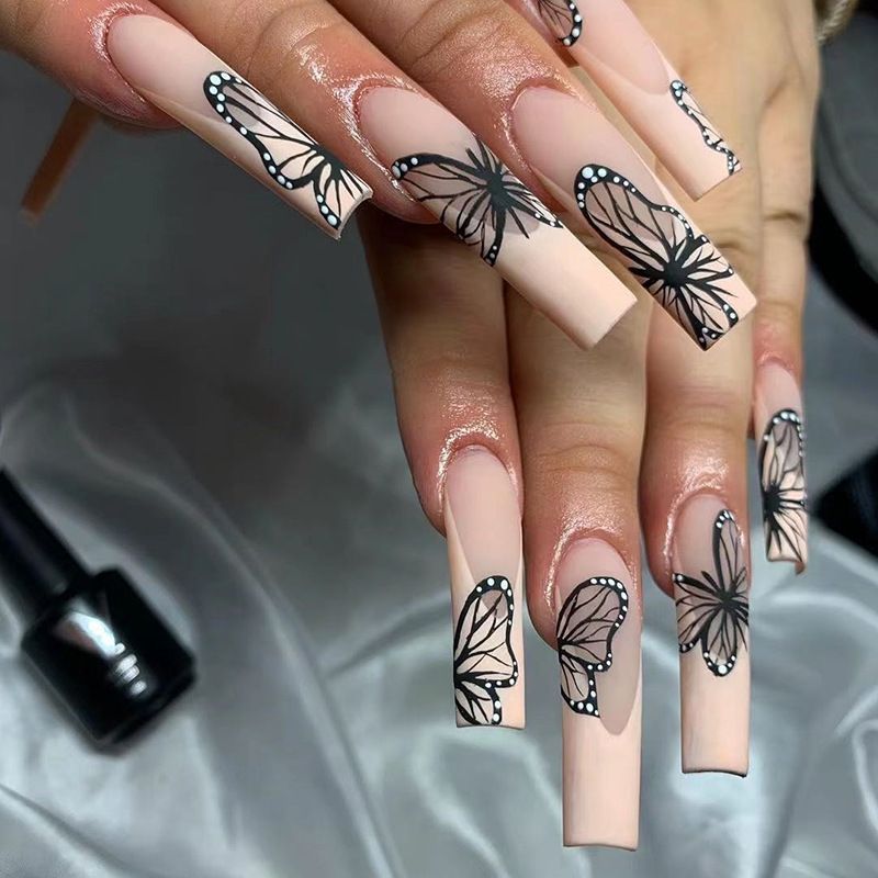 24Pcs/Set Wearable False Nail Stickers Set Naked Black Butterfly Full Cover Nail Designs with Fake Diamonds Press for Womens