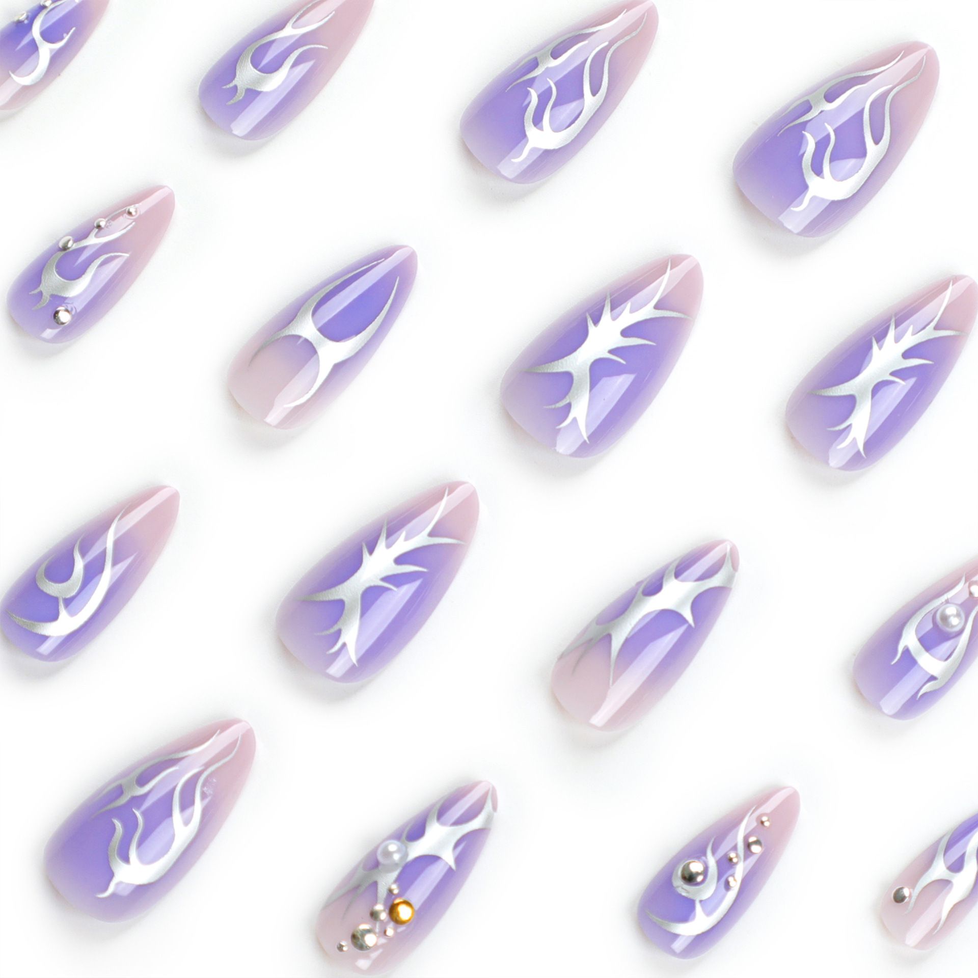 24pcs Purple Nail Stickers Detachable False Nail Tips With Jelly Stickers Nails Art Fake nails Stickers with Simillar Diamonds view 3