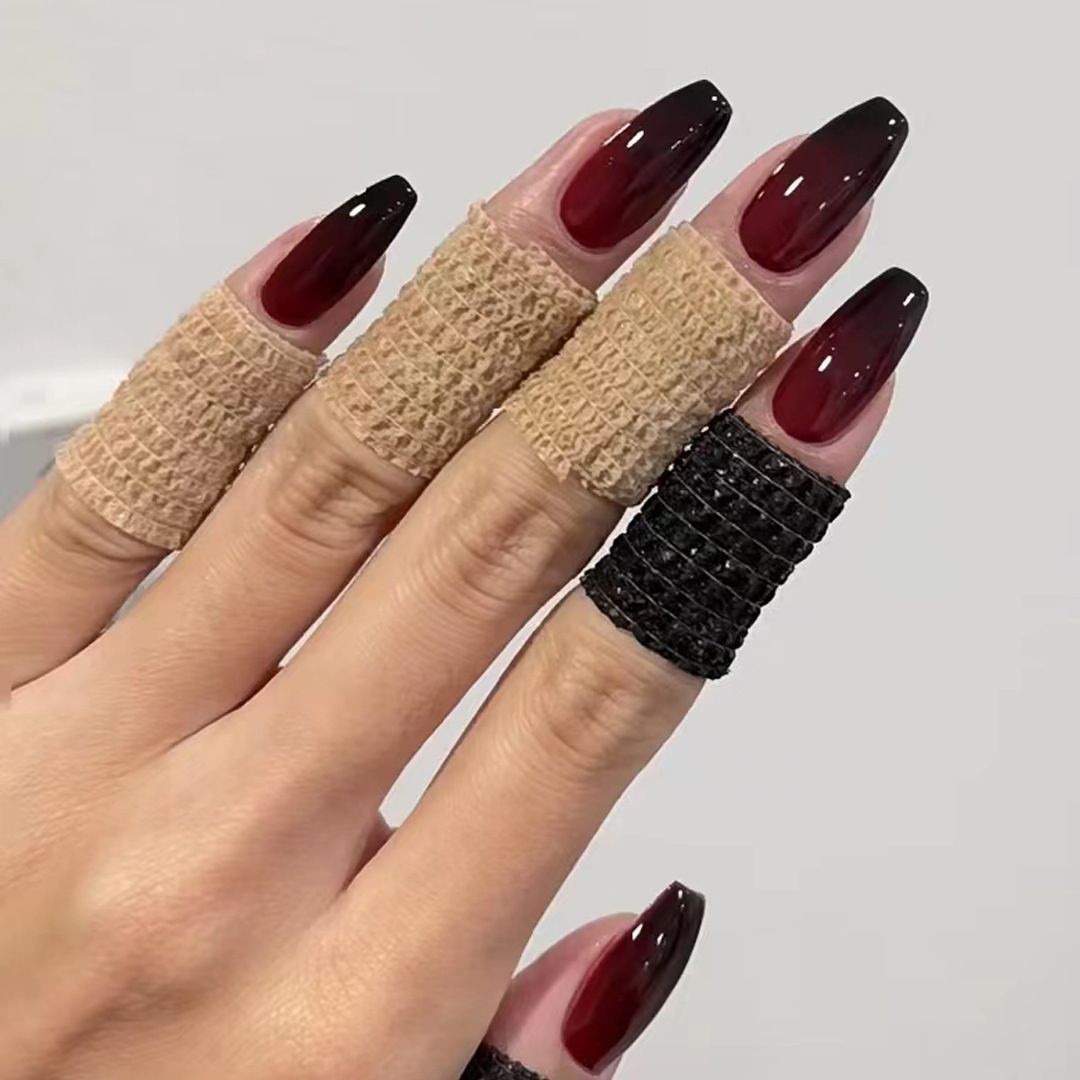 24pcs Wine Red Wearable Nail stickers detachable False Nail Tips With Jelly Stickers Nails Art Fake Nails Stickers Gradient Color