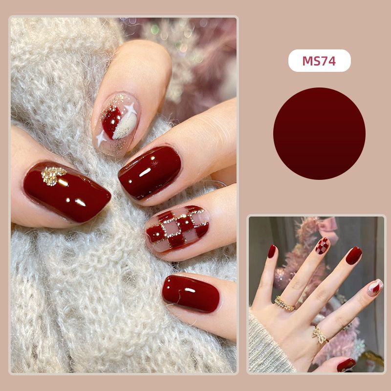 24pcs Wine Red Wearable Nail Stickers Detachable False Nail Tips With Jelly Stickers Nails Art Fake Nails Stickers Plaid and Love Heart Design