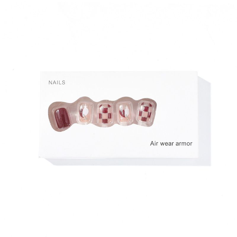 24pcs Wine Red Wearable Nail Stickers Detachable False Nail Tips With Jelly Stickers Nails Art Fake Nails Stickers Plaid and Love Heart Design