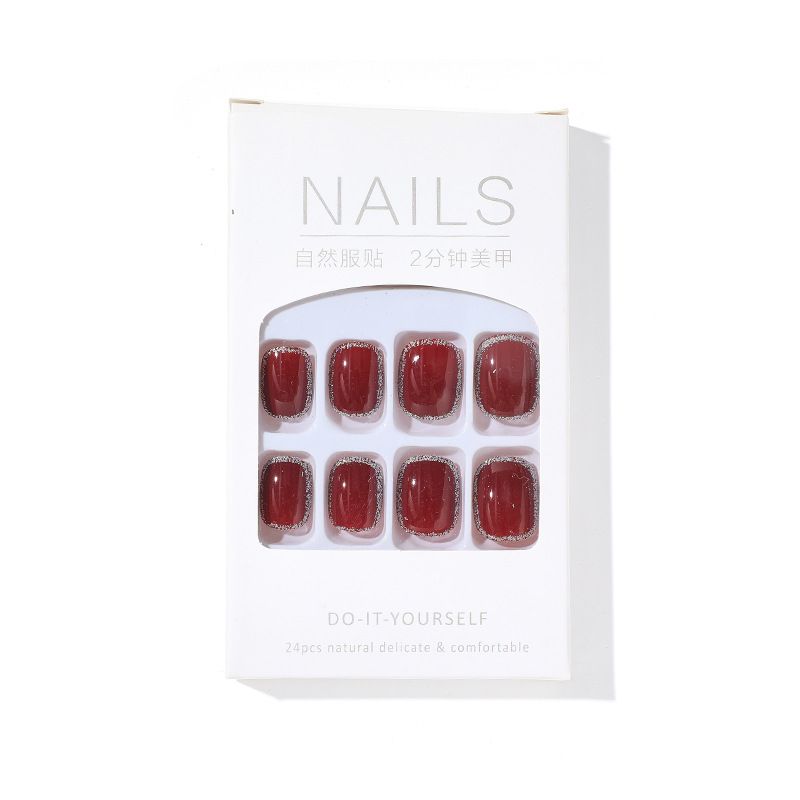 Reusable Makeup Wearable Nails Artificial Nails Chips Manicure Wearable Nail Stickers Nail Art Chips Finished Press on Nail Wine Red