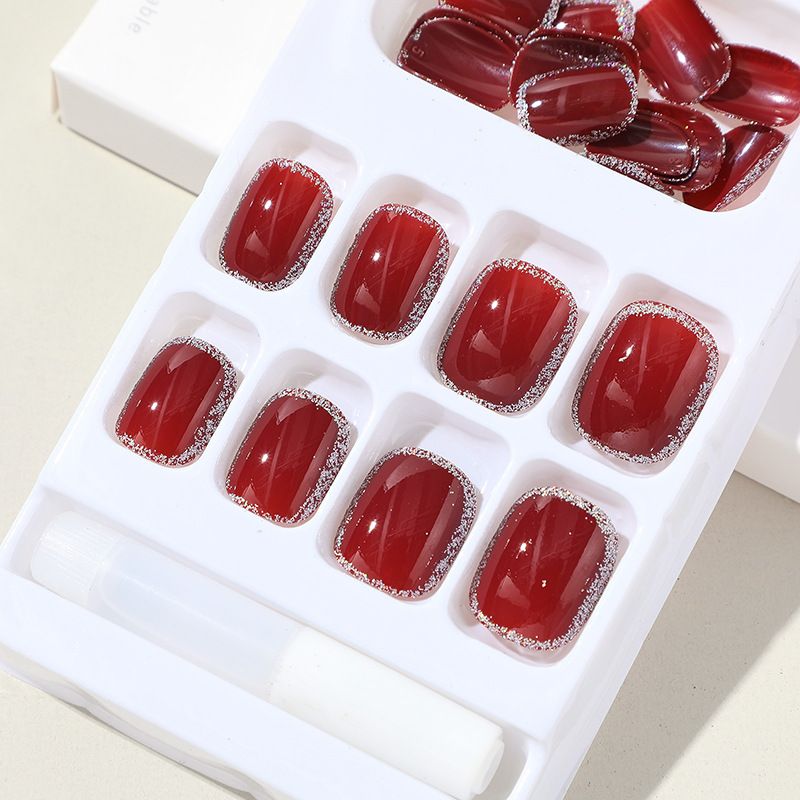 Reusable Makeup Wearable Nails Artificial Nails Chips Manicure Wearable Nail Stickers Nail Art Chips Finished Press on Nail Wine Red
