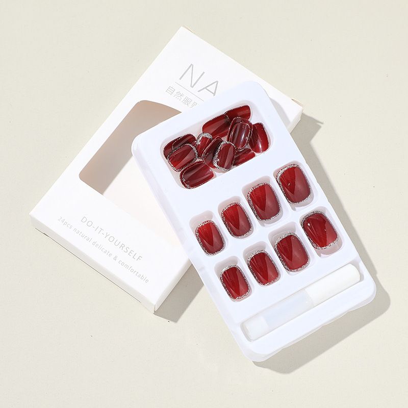 Reusable Makeup Wearable Nails Artificial Nails Chips Manicure Wearable Nail Stickers Nail Art Chips Finished Press on Nail Wine Red